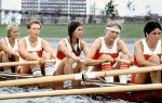 Canada's Gail Cort, Susan Antoft, Wendy Pullan, Ina DeLure and Nancy Higgins compete in the women's 8+ rowing event at the 1976 Montreal Olympic Games. (CP Photo/COA)