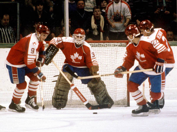 From left, Canada's James Patrick, Mario Gosselin, Dan Wood and Craig Redmond compete in hockey action against the USSR at the 1984 Winter Olympics in Sarajevo. (CP PHOTO/ COA/T. O'Lett )