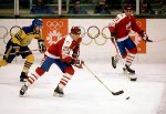Canada's Vaughn Karpan (#19) participates in the hockey event at the 1988 Winter Olympics in Calgary. (CP PHOTO/COA/S.Grant)