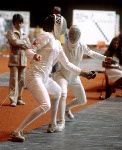 Canada's Chantal Payer (left) competes in the fencing event at the 1976 Olympic games in Montreal. (CP PHOTO/ COA/ BB)