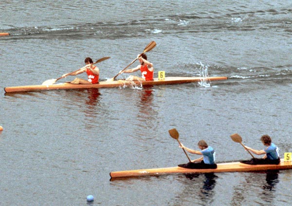 Canada's Denis Barre and Steve King (6) competing in a kayaking event at the 1976 Olympic games in Montreal. (CP PHOTO/ COA/ Ted Grant)