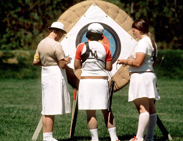 Canada's Wanda Allan (right) competes in the archery event at the 1976 Olympic Games in Montreal. (CP Photo/ COA/Ted Grant)