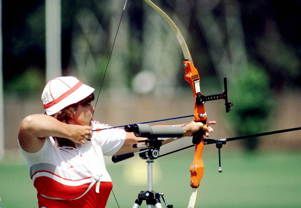 Canada's Wanda Sadegur competes in the archery event at the 1984 Olympic Games in Los Angeles. (CP Photo/ COA/Tim O'lett)