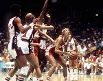 Canada's Alison Lang (right) lines-up a shot during women's basketball action at the 1984 Olympic Games in Los Angeles. (CP PHOTO/COA/JM)