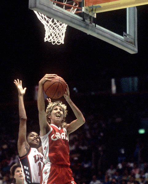Canada's Alison Lang (right) jumps for a shot during women's basketball  action at the 1984 Olympic Games in Los Angeles. (CP PHOTO/COA/JM)