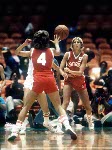 Canada's Alison Lang (centre) jumps during women's basketball action at the 1984 Olympic Games in Los Angeles. (CP PHOTO/COA/JM)