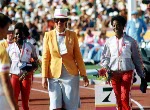 Canada's France Gareau (left) and Angella Taylor compete in a relay race during athletics competiton at the 1984 Olympic games in Los Angeles. (CP PHOTO/ COA/JM)