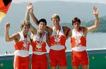 Canada's men's 8 rowing team (left) celebrates their gold medal win at the 1984 Olympic games in Los Angeles. (CP PHOTO/ COA/Ted Grant)
