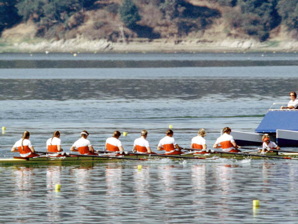 Canada's women's 8 rowing team competing in the rowing event at the 1984 Olympic games in Los Angeles. (CP PHOTO/ COA/Ted Grant)