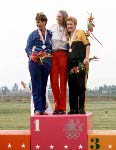 Canada's Linda Thom celebrates a gold medal win in a shooting event at the 1984 Olympic games in Los Angeles. (CP PHOTO/ COA/ Tim O'lett)