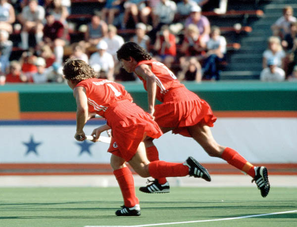 Canada's Laurie Lambert and Shelly Andrews play field hockey at the 1984 Los Angeles Olympic Games. (CP Photo/ COA/ Ted Grant)