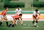 Canada's Satinder Chohan (left) and Aaron Fernandes (right) play field hockey at the 1984 Los Angeles Olympic Games. (CP Photo/ COA/ Ted Grant)