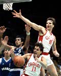 Canada's Jay Triano (left) and Gerald Kazanowski (right) play basketball at the 1984 Olympic Games in Los Angeles. (CP PHOTO/COA/J. Merrithew)