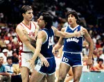 Canada's Jay Triano (left) and Gerald Kazanowski (right) play basketball at the 1984 Olympic Games in Los Angeles. (CP PHOTO/COA/J. Merrithew)