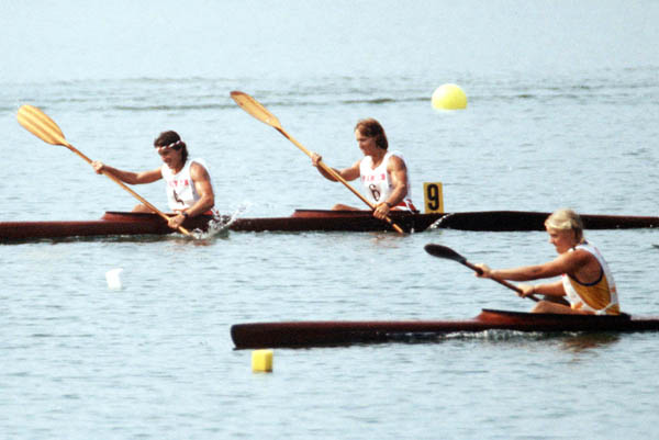 Canada's Alexandra Barre and Sue Holloway (9) compete in the kayak event at the 1984 Olympic games in Los Angeles. (CP PHOTO/ COA/Ted Grant )