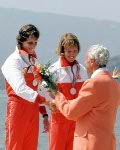 Canada's Alexandra Barre and Sue Holloway (left) celebrate a silver medal win in the women's 2x kayak event at the 1984 Olympic games in Los Angeles. (CP PHOTO/ COA/)
