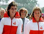 Canada's Alexandra Barre and Sue Holloway (left) celebrate a silver medal win in the women's 2x kayak event at the 1984 Olympic games in Los Angeles. (CP PHOTO/ COA/)