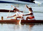 Canada's Larry Cain (left) celebrates a silver medal win in the  men's canoe event at the 1984 Olympic games in Los Angeles. (CP PHOTO/ COA/)