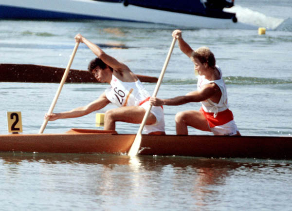 Canada's Eric Smith (left) and Steve Botting compete in the canoeing event at the 1984 Olympic games in Los Angeles. (CP PHOTO/ COA/ Crombie McNeil)