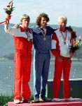 Canada's Larry Cain (left) celebrates a silver medal win in the  men's canoe event at the 1984 Olympic games in Los Angeles. (CP PHOTO/ COA/)