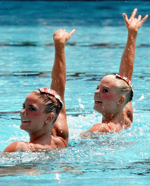 Canada's Sharon Hambrook (left) and Kelly Kryczka perform their synchronized swimming routine at the 1984 Los Angeles Olympic Games. (CP Photo/ COA/ Tim O'lett)
