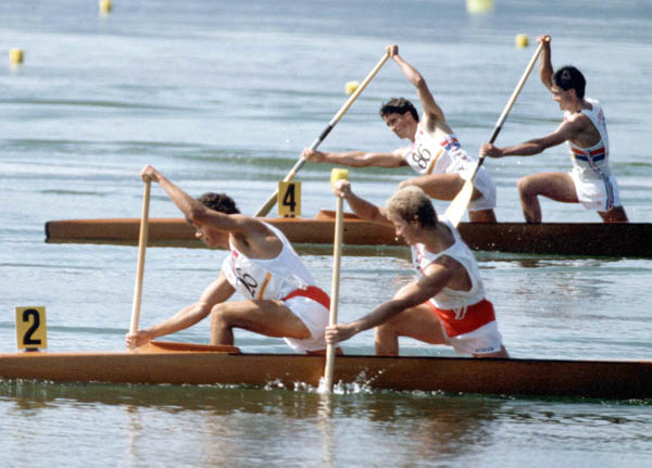 Canada's Eric Smith and Steve Botting (2) compete in the canoeing event at the 1984 Olympic games in Los Angeles. (CP PHOTO/ COA/ Crombie McNeil)