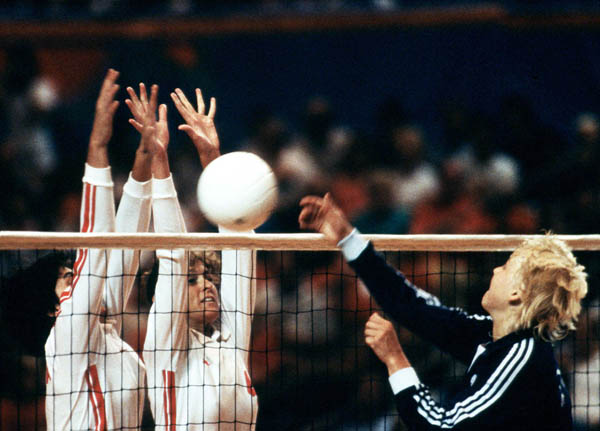 Canada's Joyce Gamborg and Lise Martin compete in the women's volleyball event at the 1984 Los Angeles Summer Olympic Games. (CP PHOTO/COA/Scott Grant)