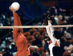 Canada's Joyce Gamborg (left) and Tracy Mills compete in the women's volleyball event at the 1984 Los Angeles Summer Olympic Games. (CP PHOTO/COA/Scott Grant)