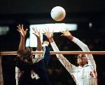 Canada's Joyce Gamborg (left) and Tracy Mills compete in the women's volleyball event at the 1984 Los Angeles Summer Olympic Games. (CP PHOTO/COA/Scott Grant)