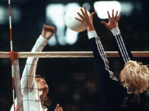 Canada's Monica Hitchcock (left) competes in the women's volleyball event at the 1984 Los Angeles Summer Olympic Games. (CP PHOTO/COA/Scott Grant)