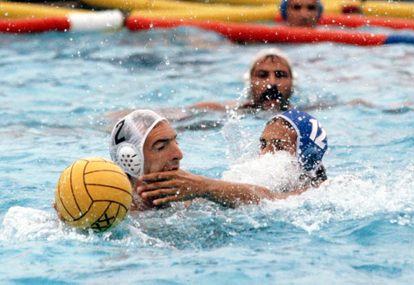 Canada's Alex Juhasz (2) competes in the men's water polo event at the 1984 Olympic Games Los Angeles. (CP Photo/COA/Tim O'lett)