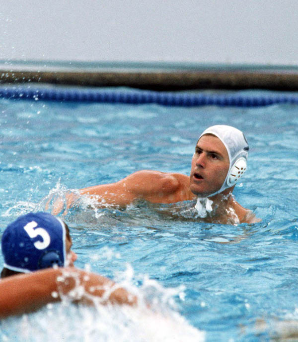 Canada's Bill Meyer (right) competes in the men's water polo event at the 1984 Olympic Games Los Angeles. (CP Photo/COA/Tim O'lett)