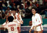 Canada's Audrey Vandervelden (left) competes in the women's volleyball event at the 1984 Los Angeles Summer Olympic Games. (CP PHOTO/COA/Scott Grant)