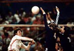 Canada's Dianne Ratnik (1), Rachel Beliveau (8) and Audrey Vandervelden (5) compete in the women's volleyball event at the 1984 Los Angeles Summer Olympic Games. (CP PHOTO/COA/Scott Grant)