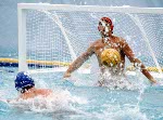 Canada's Rick Zayonc (goalie) and Bill Meyer (9) compete in men's water polo action at the 1984 Olympic Games Los Angeles. (CP Photo/COA/Tim O'lett)