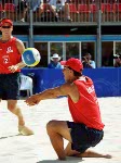 Canada's Mark Heese (left) and John Child play a set of beach volleyball at the 2000 Sydney Olympic Games. (CP Photo/ COA)