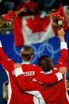 Canada's Daniel Nestor (R) and Sebastien Lareau after winning gold in men's doubles tennis at the 2000 Sydney Olympic Games. (Mike Ridewood/CP Photo/ COA)