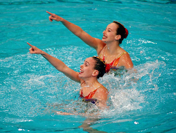 Canada's Fanny Letourneau and Claire Carver Dias perform their duo synchronized swimming routine at the 2000 Sydney Olympic Games. (CP Photo/ COA)