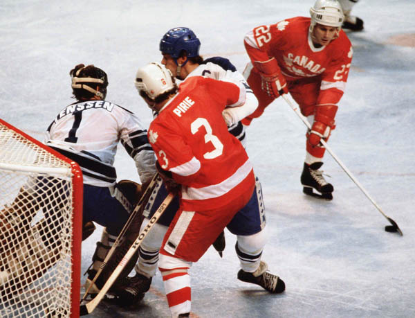 Canada's Brad Pirie (3) and,Stelio Zupancich (22) participate in hockey action against the Netherlands at the 1980 Winter Olympics in Lake Placid. (CP PHOTO/ COA/ )