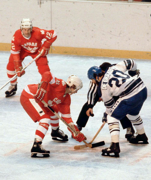 Canada's Jim Nill (12) and Ron Davidson (6) compete in hockey action against the Netherlands at the 1980 Winter Olympics in Lake Placid. (CP PHOTO/ COA/ )