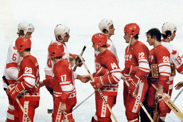 Team Canada and Team U.S.S.R. congratulate each other at the 1980 Winter Olympics in Lake Placid. (CP Photo/ COA)
