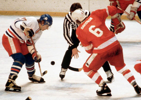 Canada's Ron Davidson (right) competes in hockey action at the 1980 Winter Olympics in Lake Placid. (CP Photo/ COA)