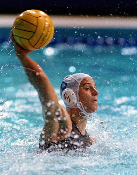 Canada's Marie-Luc Arpin takes a shot during a women's waterpolo preliminary match at the 2000 Sydney Olympic Games. (CP Photo/COA)