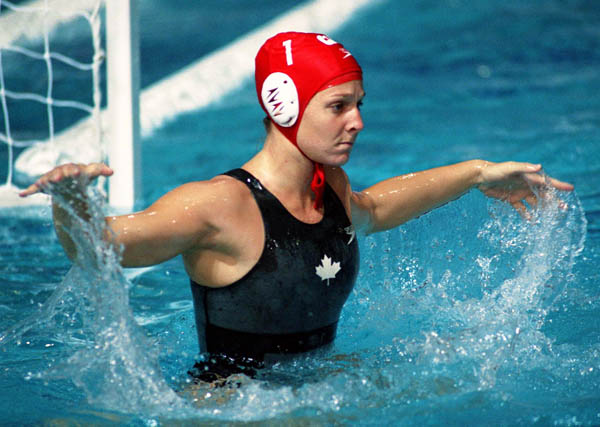 Canada's Josee Marsolais defends the goal during a women's waterpolo preliminary match at the 2000 Sydney Olympic Games. (CP Photo/COA)