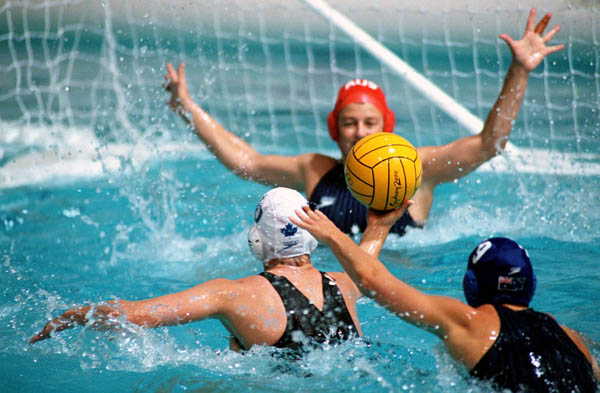 Canada's Jana Salat (10) participates in women's waterpolo preliminary action at the 2000 Sydney Olympic Games. (CP Photo/COA)