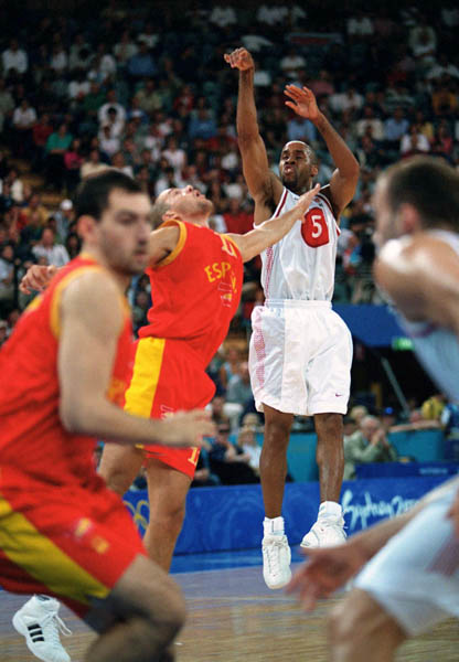 Canada's Sherman Hamilton (5) makes a shot during basketball action at the 2000 Sydney Olympic Games. (CP Photo/ COA)