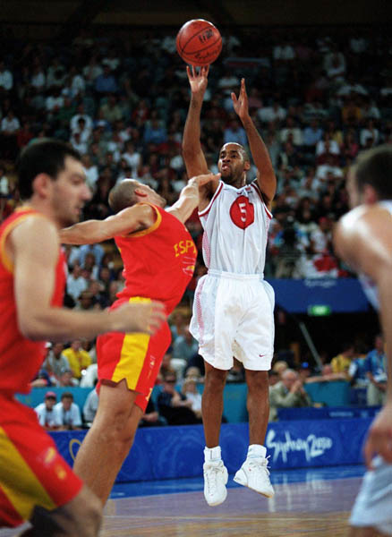 Canada's Sherman Hamilton (5) makes a shot during basketball action at the 2000 Sydney Olympic Games. (CP Photo/ COA)