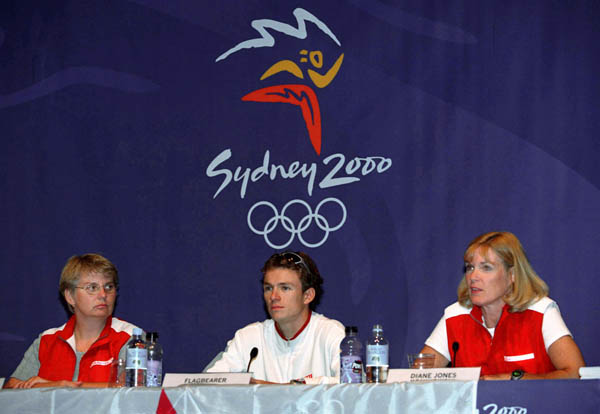 (From left to right) Canada's Betty Demer-Norris, Simon Whitfield and Diane Jones Konihowski speaks during a news conference at the 2000 Sydney Olympic Games. (CP Photo/ COA)