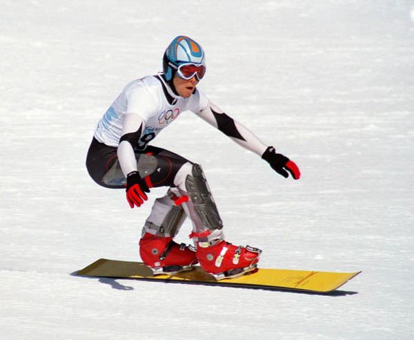 Canada's Jasey Anderson competes in the snowboard event at the 1998 Nagano Olympic Games. (CP Photo/ COA/Mike Ridewood)