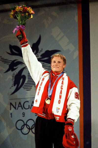Canada's Ross Rebagliati celebrates after winning the gold medal in the snowboard event at the 1998 Nagano Olympic Games. (CP Photo/ COA)